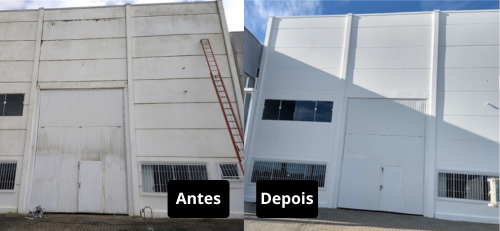 Antes e depois da manutenção de fachada de galpão